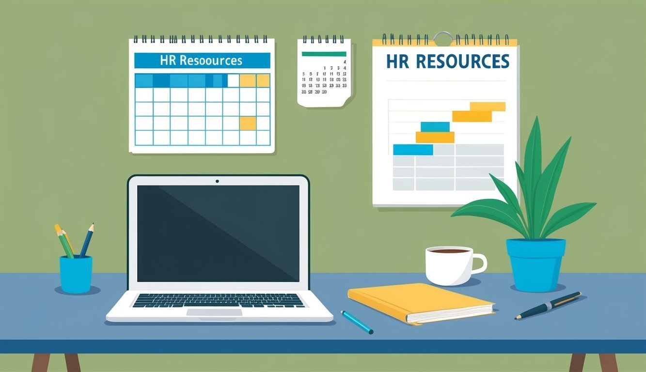 Desk with laptop, calendars, plant, and office supplies. HR resources theme