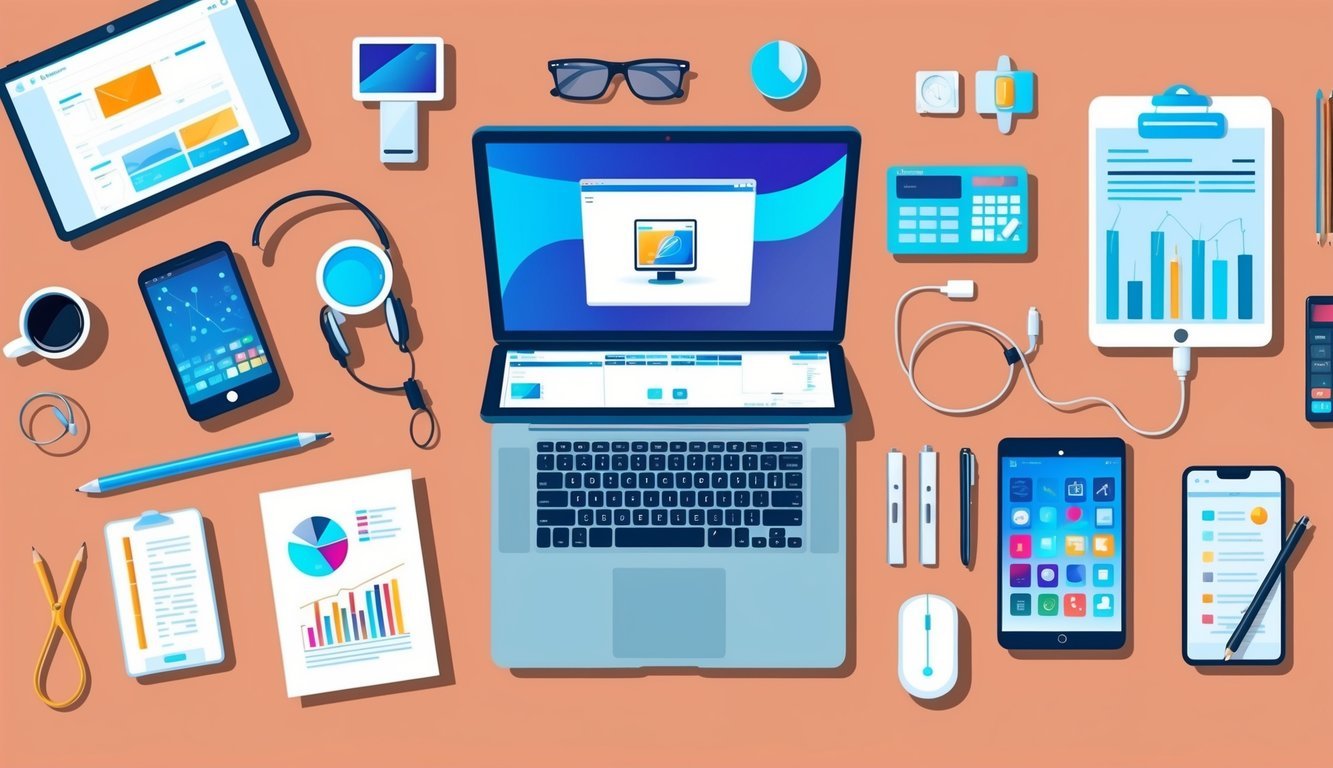 A laptop with a digital product displayed on the screen, surrounded by various electronic devices and office supplies