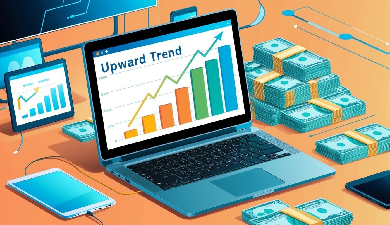 A laptop with a graph showing an upward trend, surrounded by digital devices and a pile of money