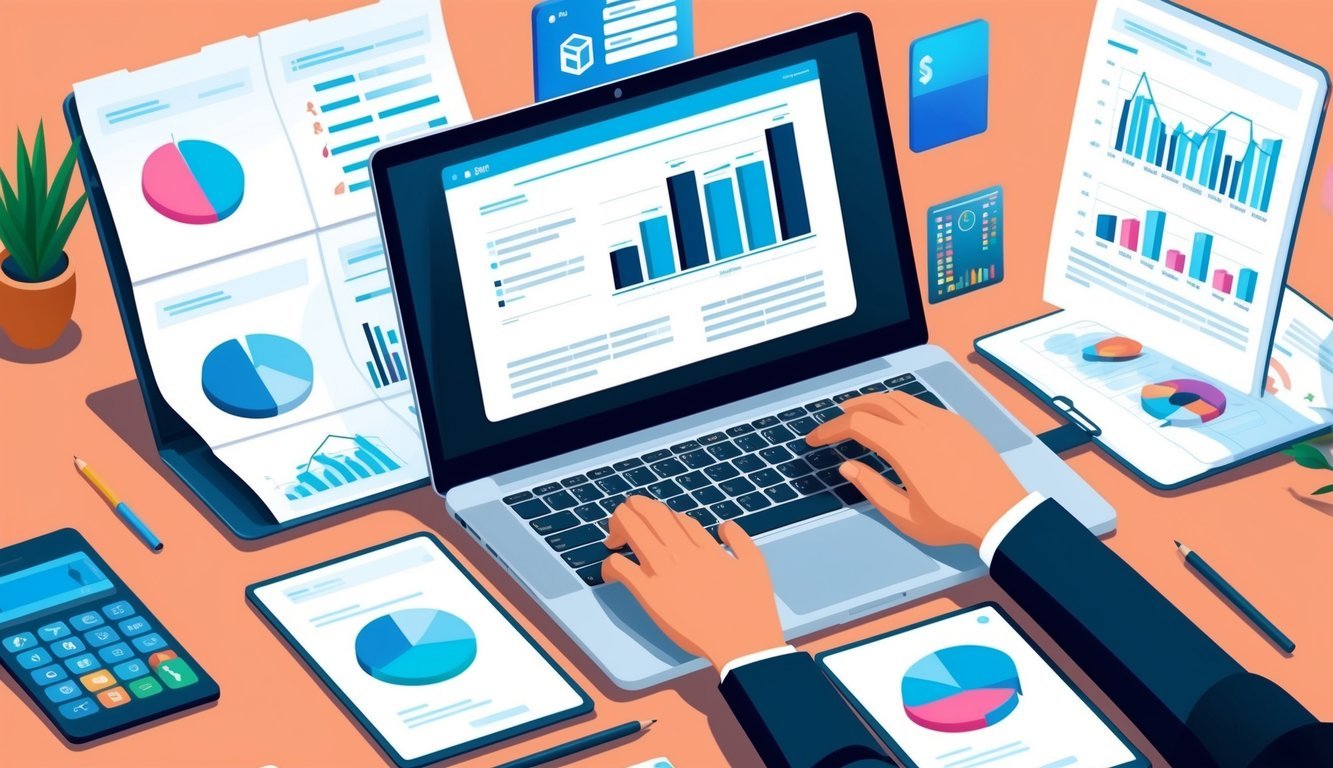 A laptop with financial charts and legal documents, surrounded by digital products and a payment processor