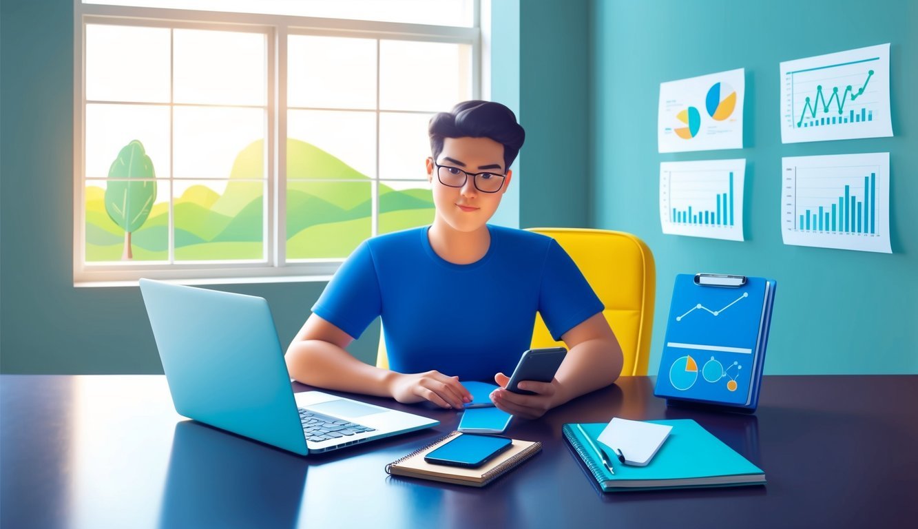 A person working at a desk with a laptop, phone, and notebook.</p><p>Charts and graphs on the wall.</p><p>Bright natural light coming through a window