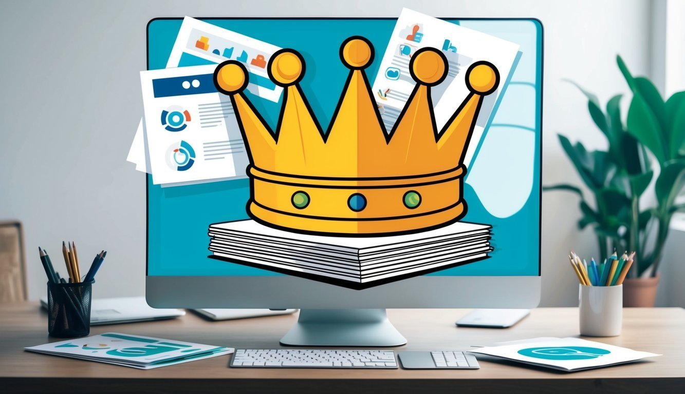 A crown sits atop a computer surrounded by marketing materials and a freelance consultant's logo