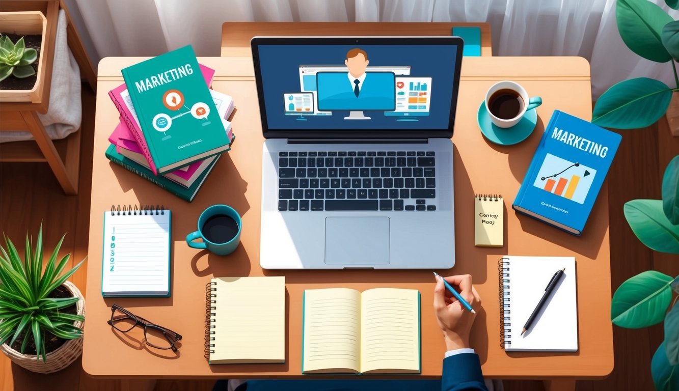 A laptop surrounded by marketing books, a notepad, and a cup of coffee on a desk in a cozy home office