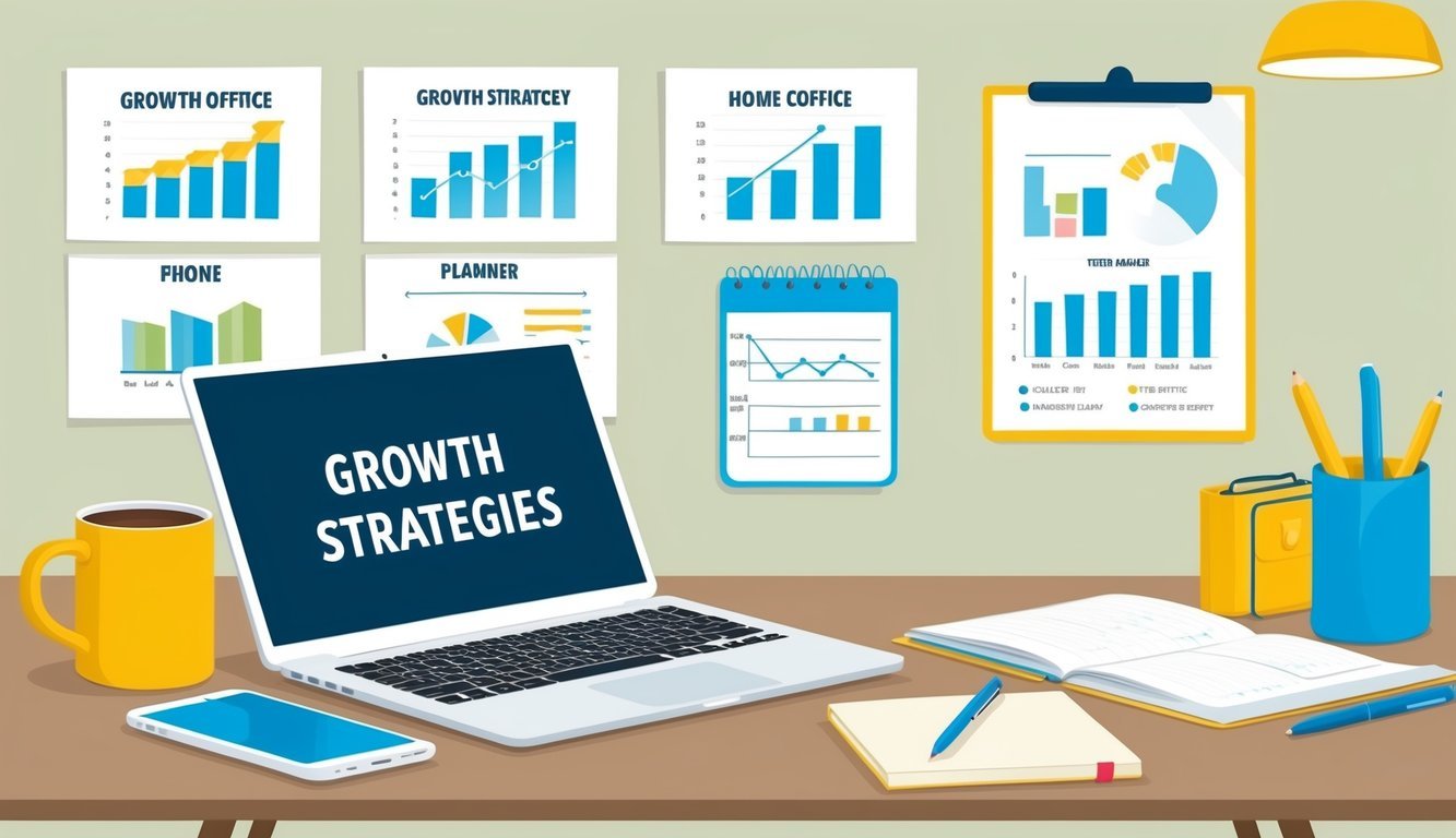 A busy home office with a laptop, notebook, and coffee mug.</p><p>Charts and graphs on the wall show growth strategies.</p><p>Phone and planner on the desk