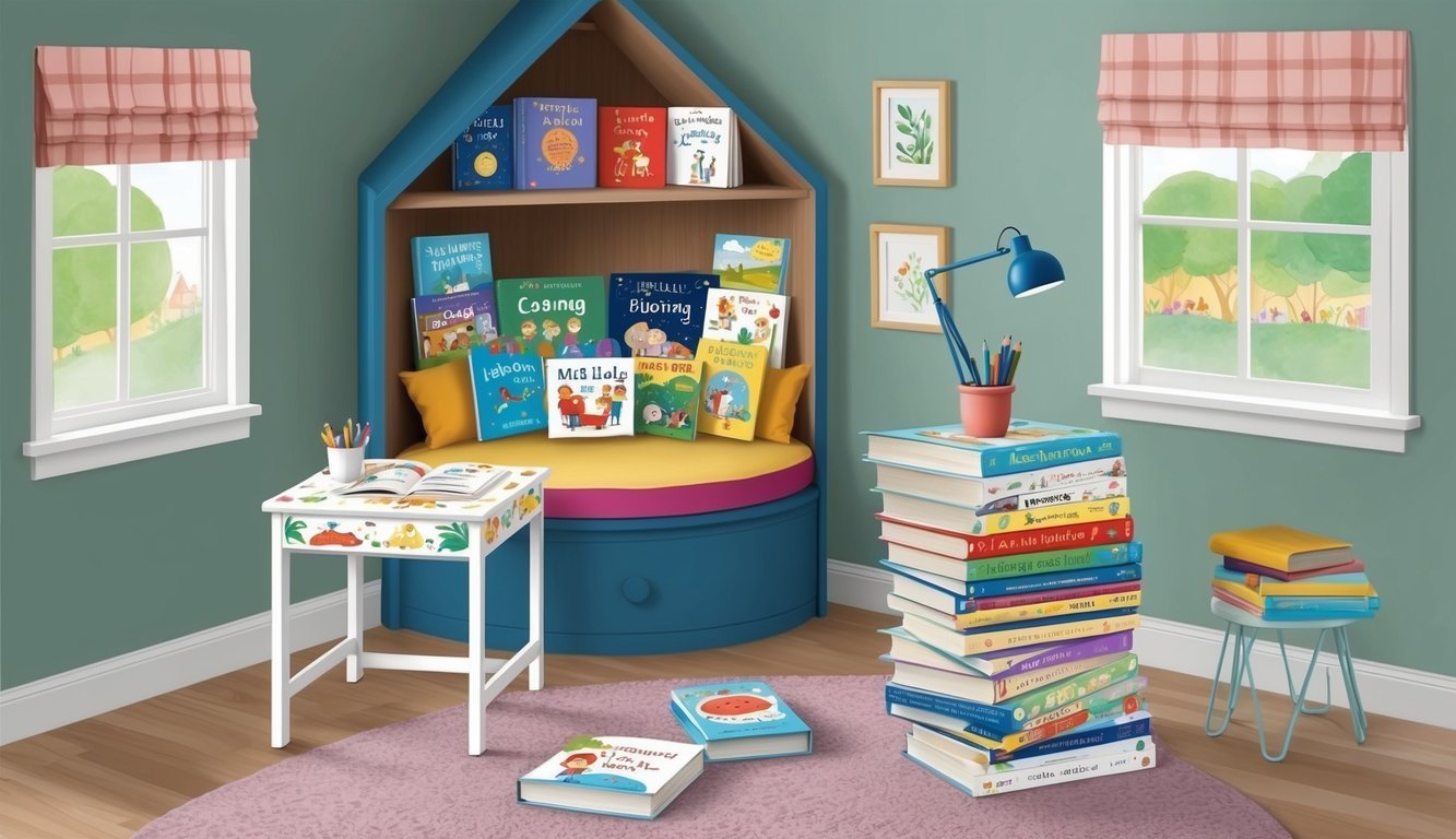 Cozy reading nook with books, a desk, and a window with a view