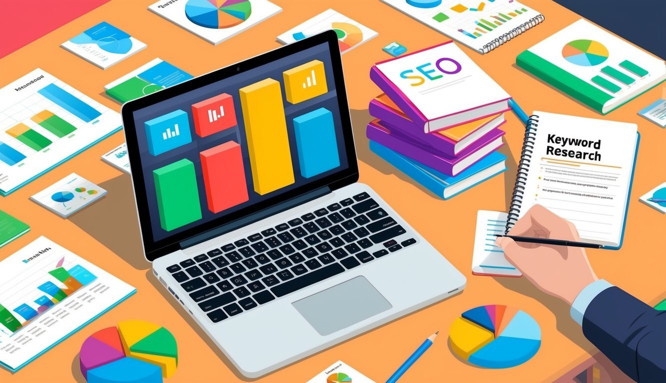 A laptop surrounded by colorful charts and graphs, with a stack of books on SEO and a notepad filled with keyword research