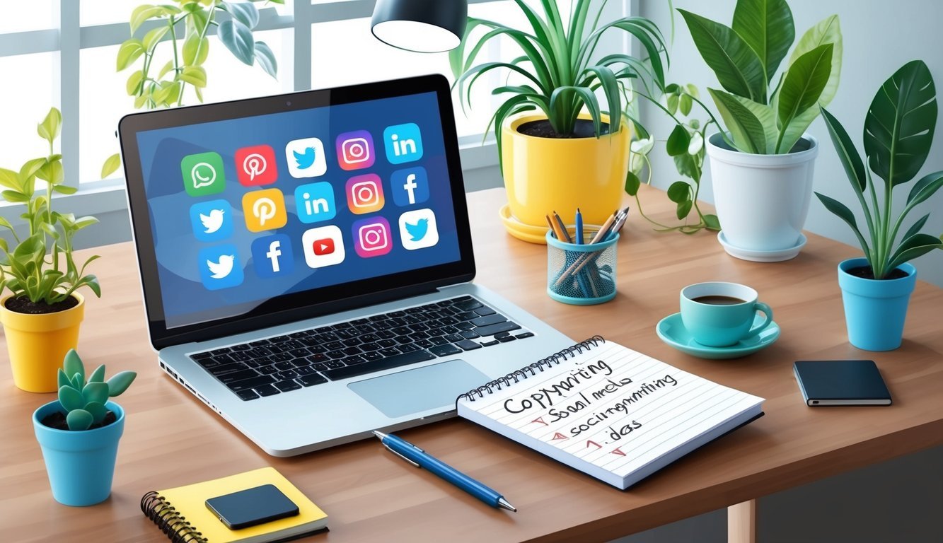 A laptop with various social media icons and a notepad with copywriting ideas, surrounded by a modern workspace with plants and natural light