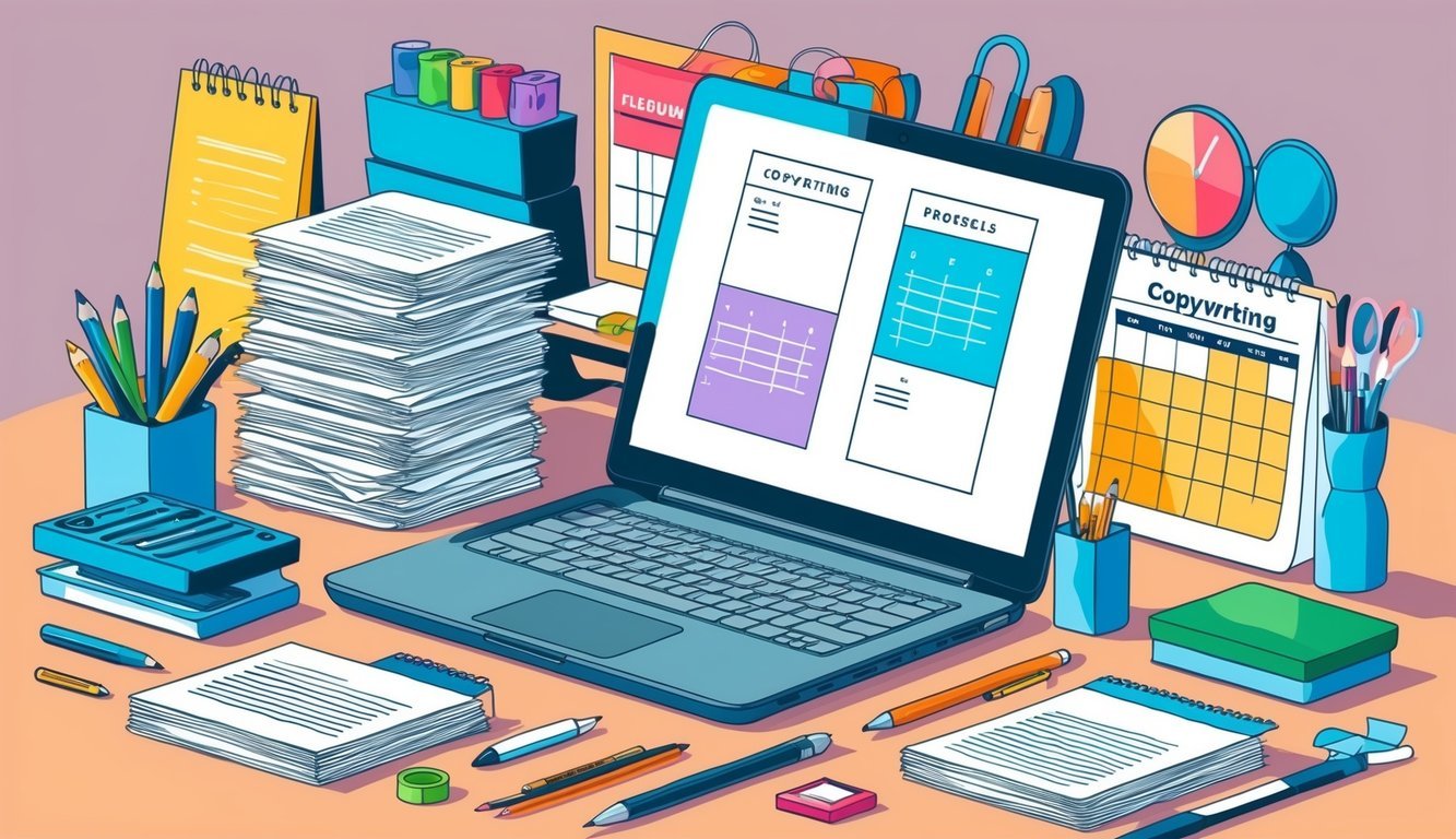 A laptop surrounded by various creative tools and resources, with a stack of finished copywriting projects and a calendar showing upcoming deadlines