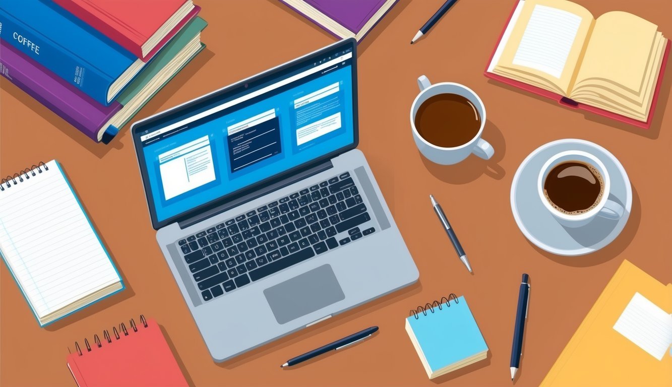 A laptop surrounded by books and a notepad, with a cup of coffee nearby