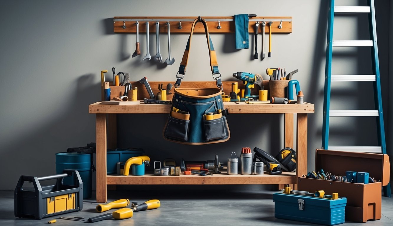 A tool belt hangs from a workbench cluttered with various tools and supplies.</p><p>A ladder leans against the wall, and a toolbox sits open on the floor