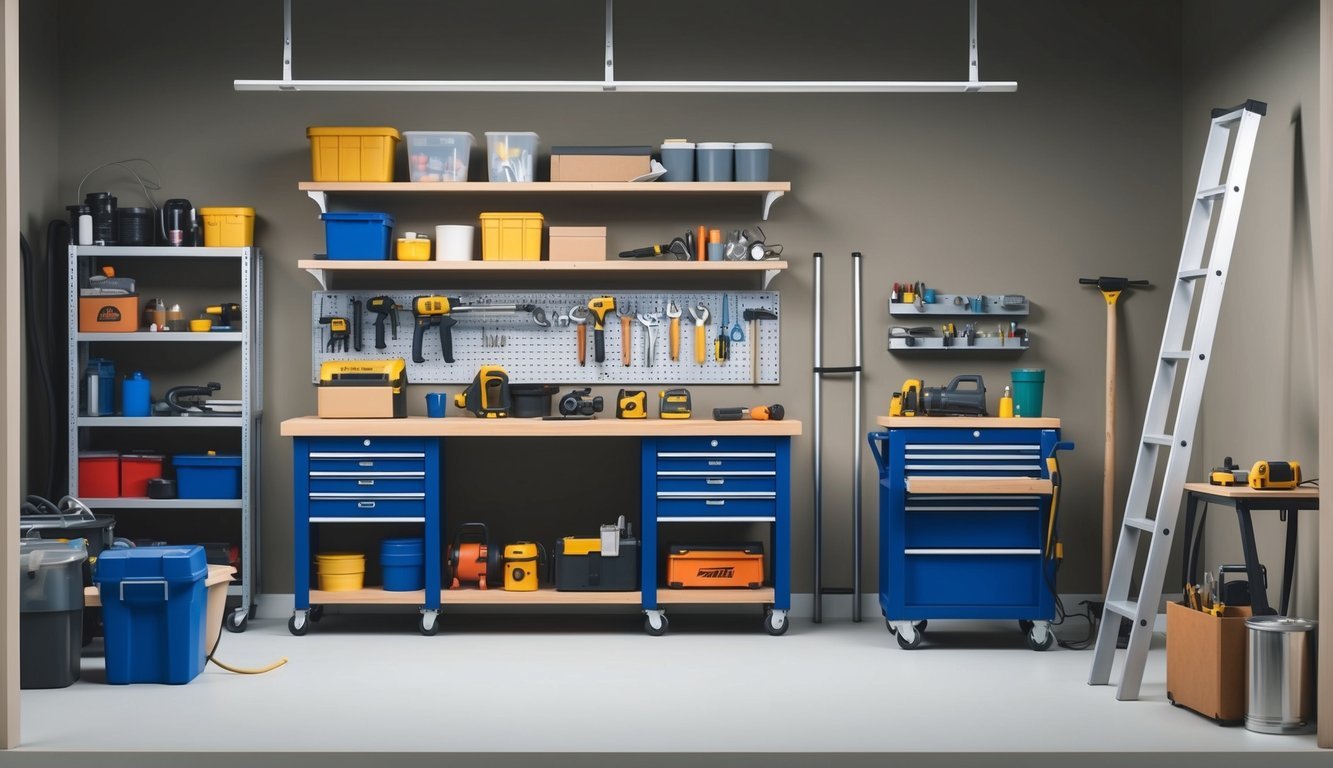 A cluttered garage with tools and supplies organized on shelves, a workbench with a toolbox, and a ladder leaning against the wall