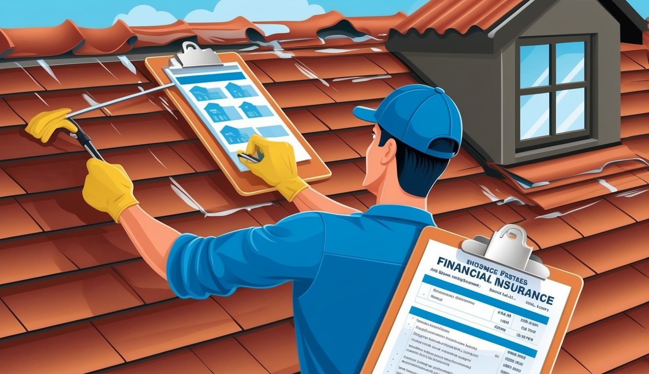 A handyman fixing a leaky roof while holding a clipboard with financial and insurance documents