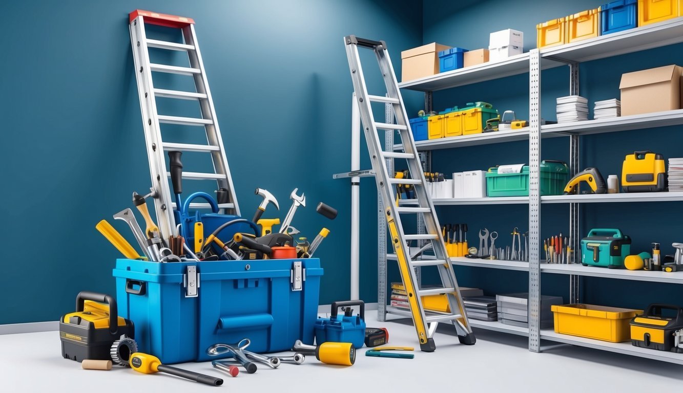 A toolbox overflowing with tools, a ladder reaching up to a high ceiling, and a row of neatly organized shelves stocked with supplies