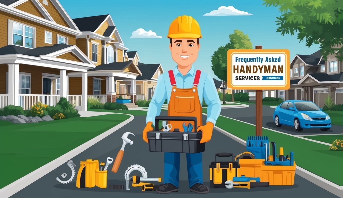 A handyman holding a toolbox, surrounded by various tools and equipment, with a sign displaying "Frequently Asked Questions Handyman Services" in a residential neighborhood