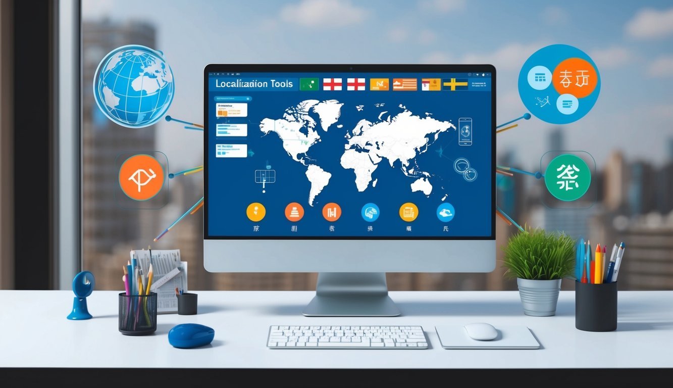 A computer screen displaying various localization tools and technology with a globe and language icons