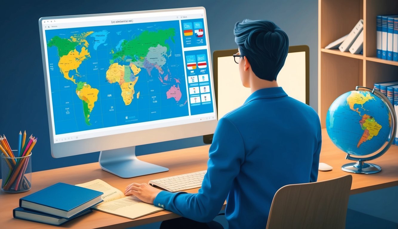 A person sitting at a computer, with various global maps and language symbols displayed on the screen.</p><p>A world globe and translation dictionaries are scattered on the desk