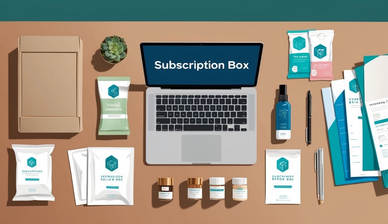 A desk with a laptop, packaging supplies, and various product samples for a subscription box business