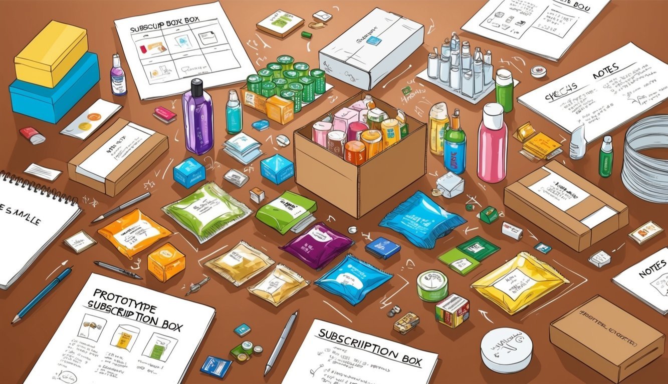 A table cluttered with colorful product samples and packaging materials, surrounded by sketches and notes for the prototype subscription box