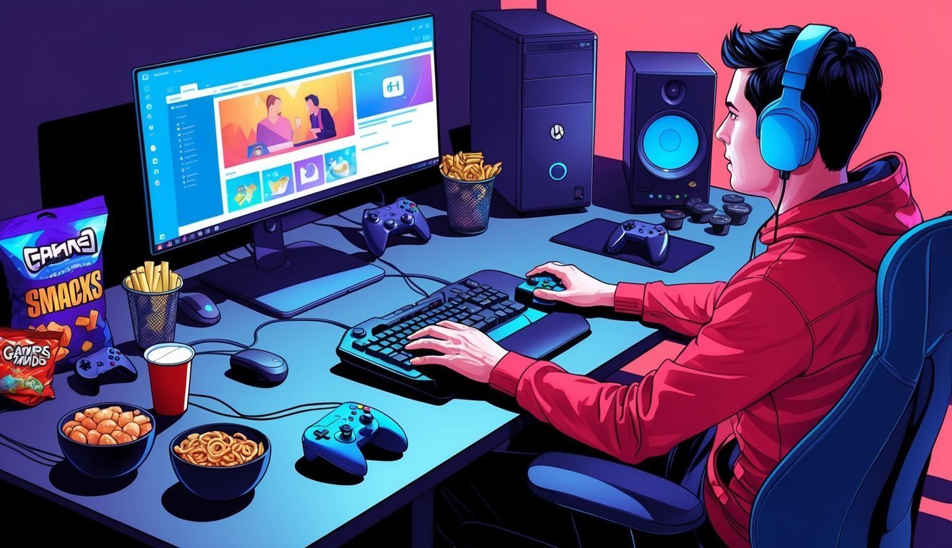 A gamer with headphones, snacks, and a computer setup