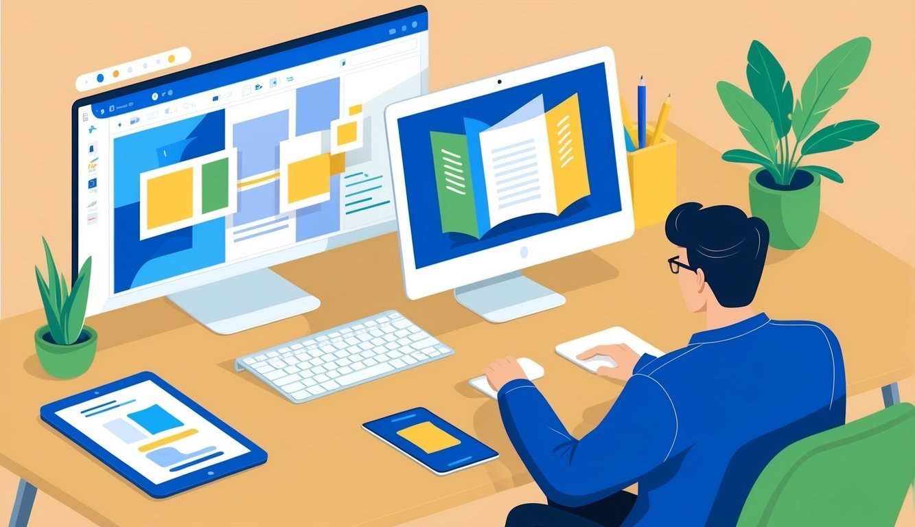 Man working on computer with multiple screens and devices on desk