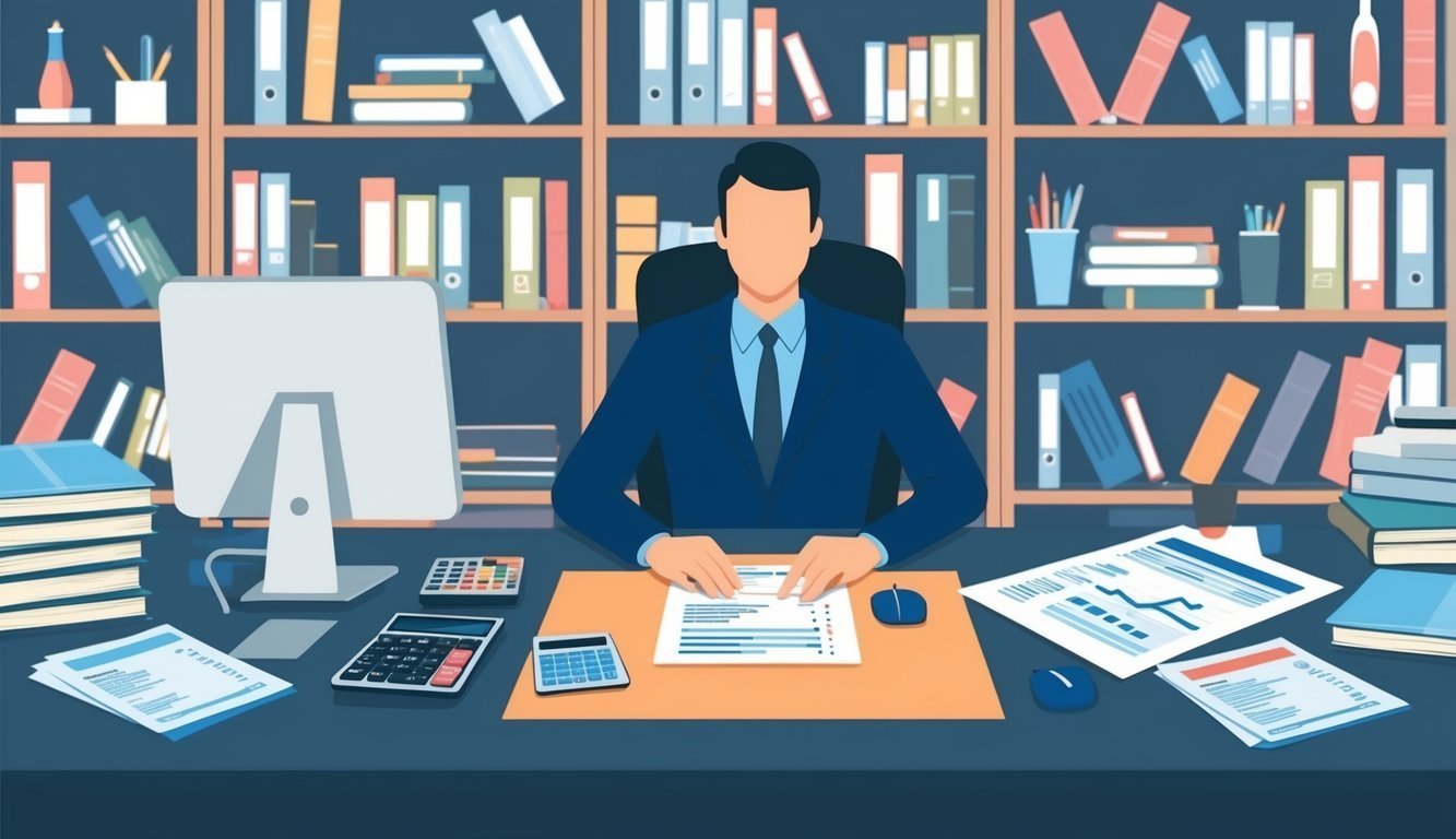 Man in suit at desk with computer, papers, and bookshelves
