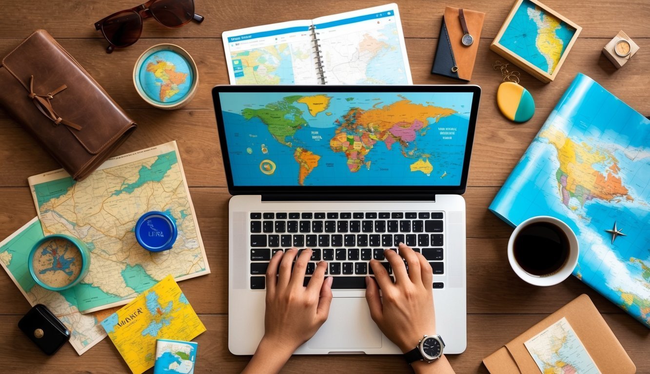Laptop with world map, maps, and travel accessories on a wooden table