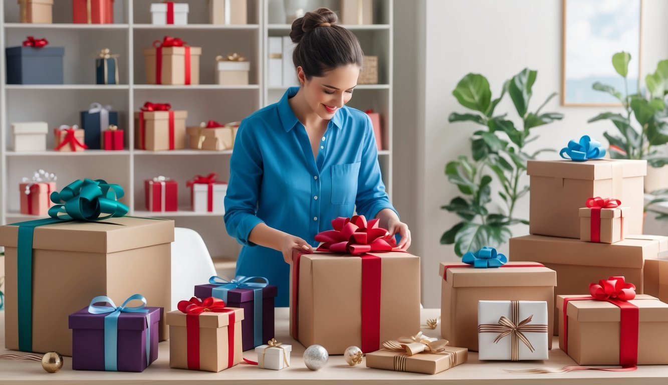 A person packaging and arranging corporate gifts in a home office, surrounded by boxes, ribbons, and various gift items