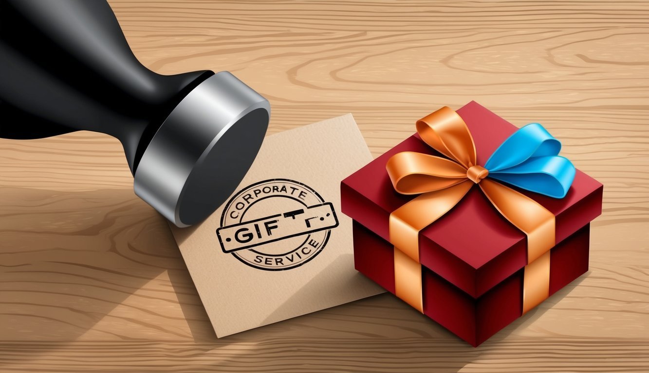 A corporate gift service logo being stamped onto a gift box with a ribbon and bow