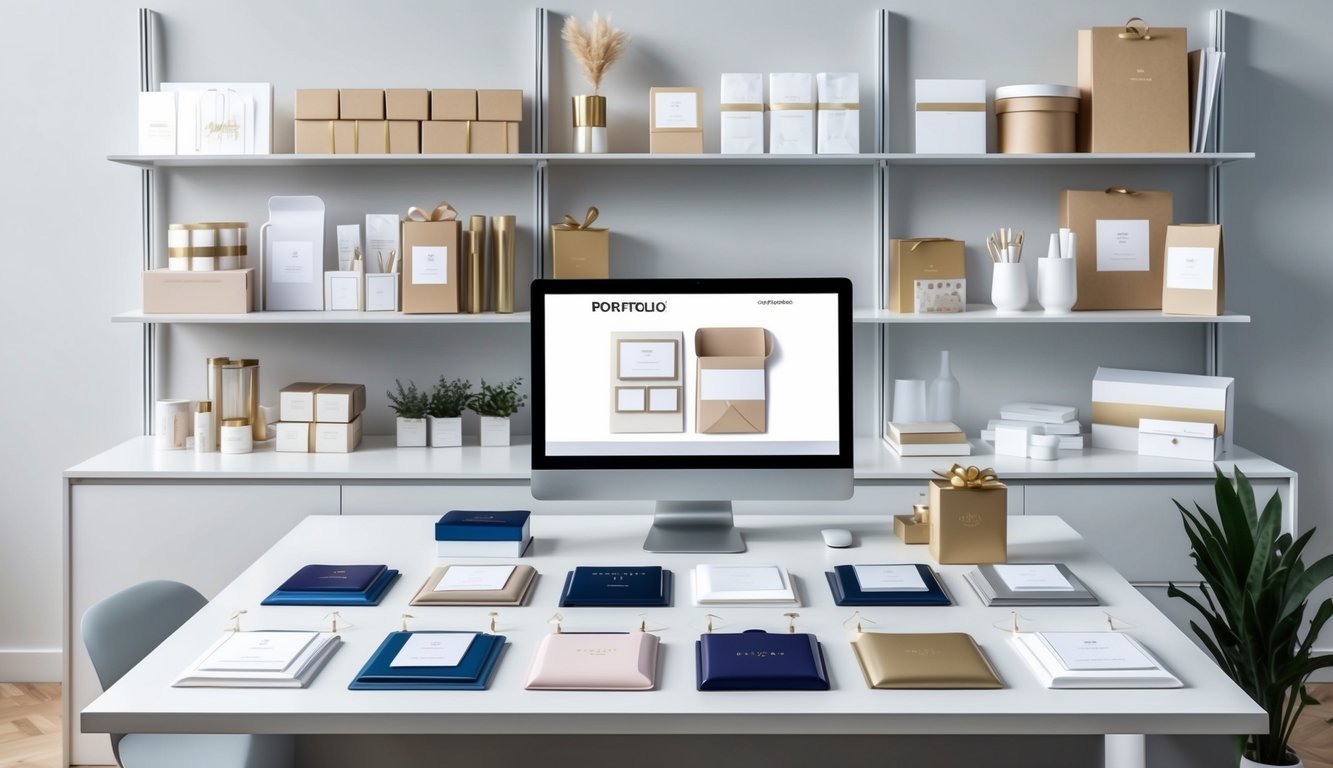 A sleek, modern workspace with a desk covered in elegant gift samples, a computer displaying a portfolio, and shelves stocked with packaging materials and branding supplies