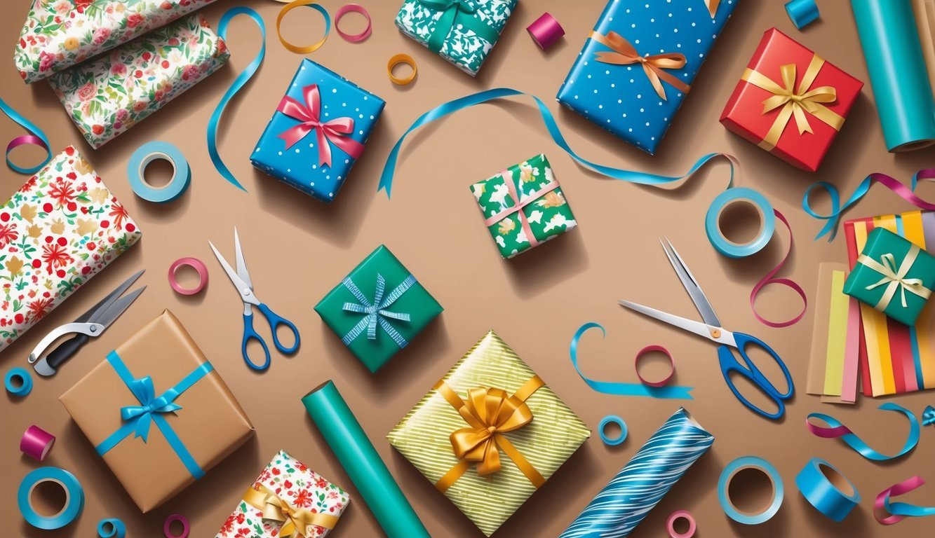 A table covered in wrapping paper, ribbons, and gift boxes with a variety of patterns and colors.</p><p>Scissors, tape, and a neatly tied bow complete the setup