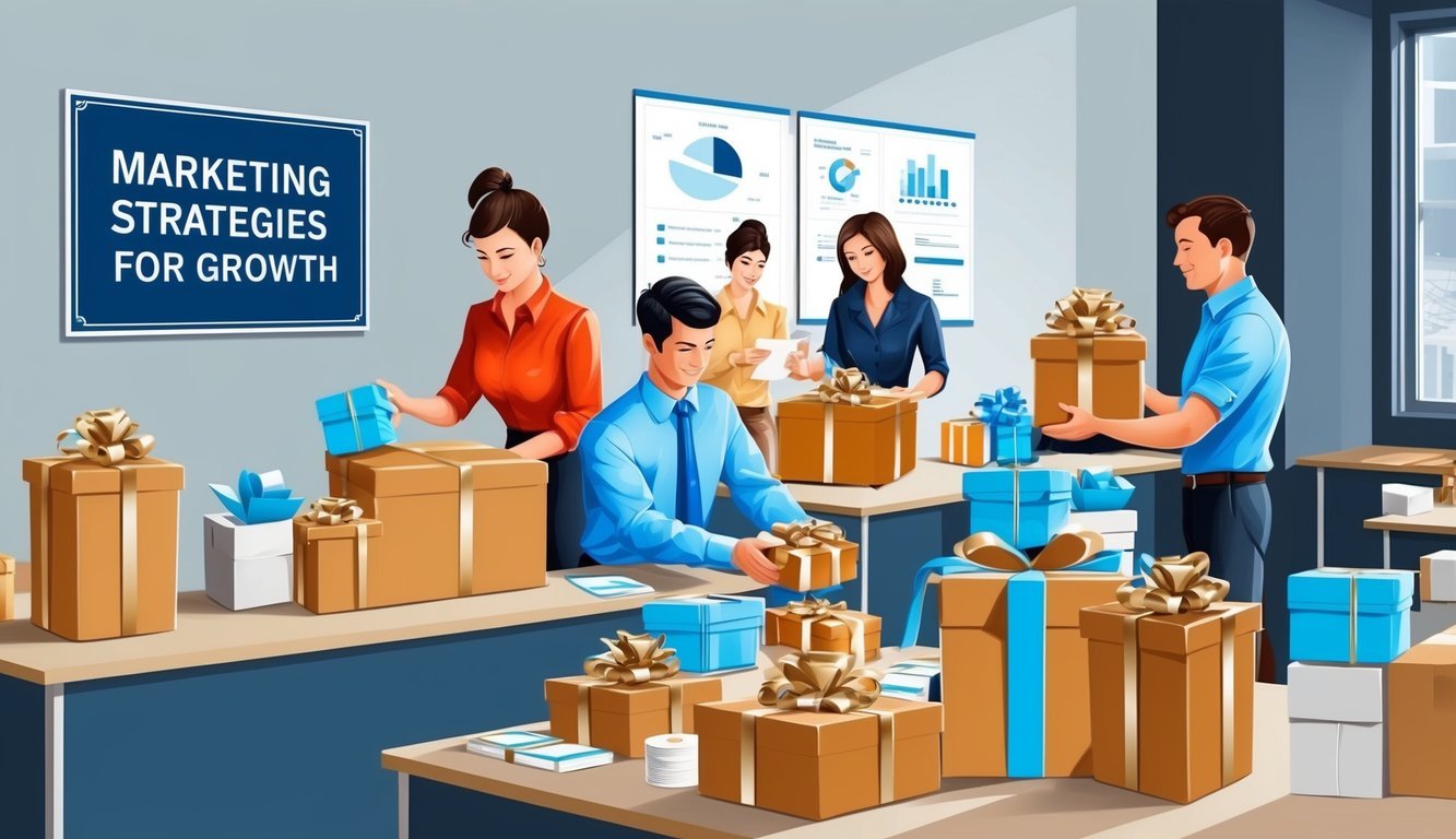 A busy office with employees packaging and labeling corporate gift boxes for delivery.</p><p>A banner on the wall reads "Marketing Strategies for Growth."