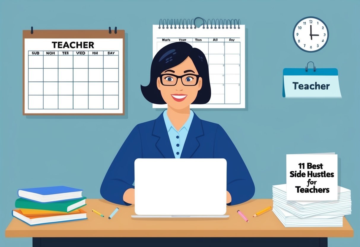 A teacher at a desk with a laptop, surrounded by books and papers.</p><p>A calendar and clock on the wall.</p><p>A stack of papers labeled "11 Best Side Hustles for Teachers."