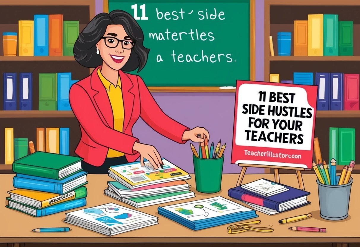 A teacher setting up a table with educational materials, surrounded by books, school supplies, and a sign advertising "11 Best Side Hustles for Teachers."