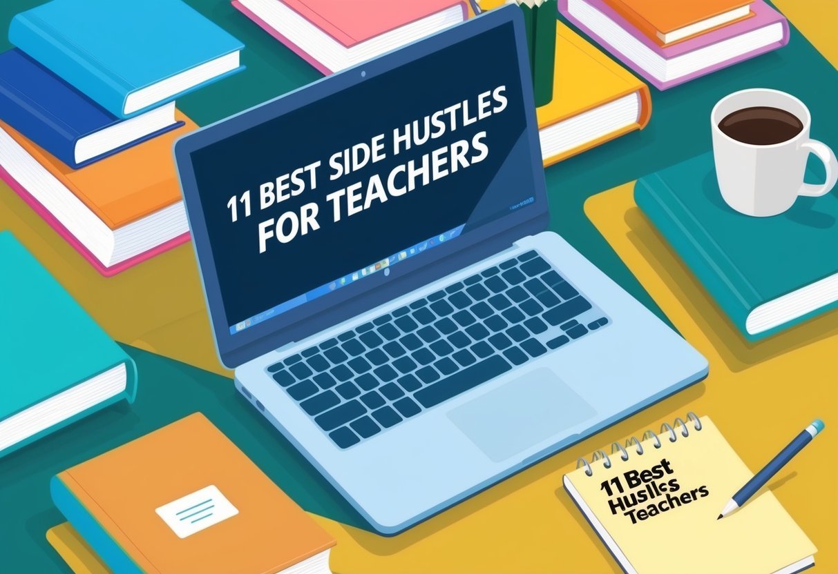 A laptop surrounded by books, a mug of coffee, and a notepad with "11 Best Side Hustles for Teachers" written on it