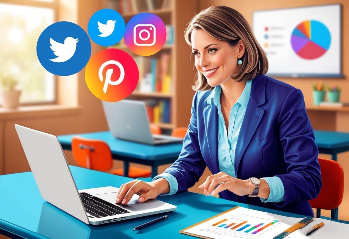 A teacher at a desk, typing on a laptop with social media icons and graphs in the background