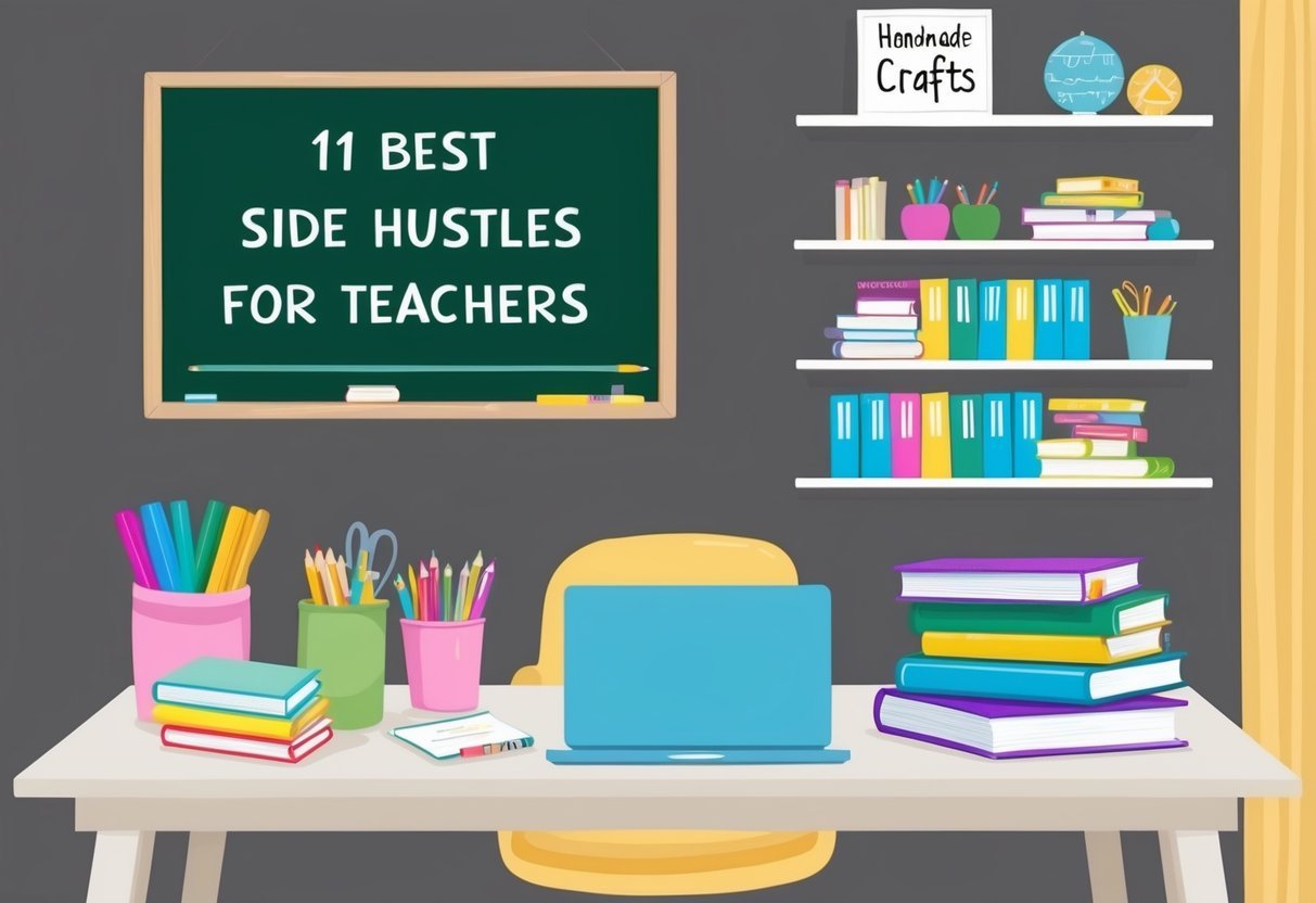 A cozy home office with a desk filled with colorful teaching supplies, a laptop, and a stack of books.</p><p>A chalkboard displays "11 Best Side Hustles for Teachers" above a shelf of handmade crafts