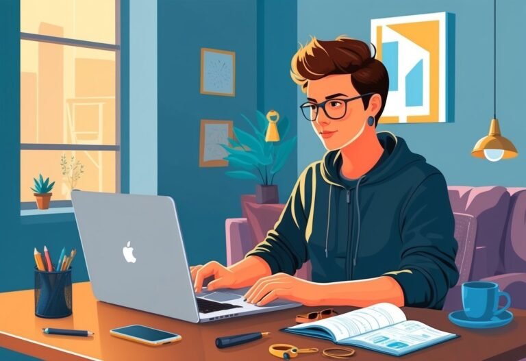 Person with glasses working on a laptop at a desk in a home office
