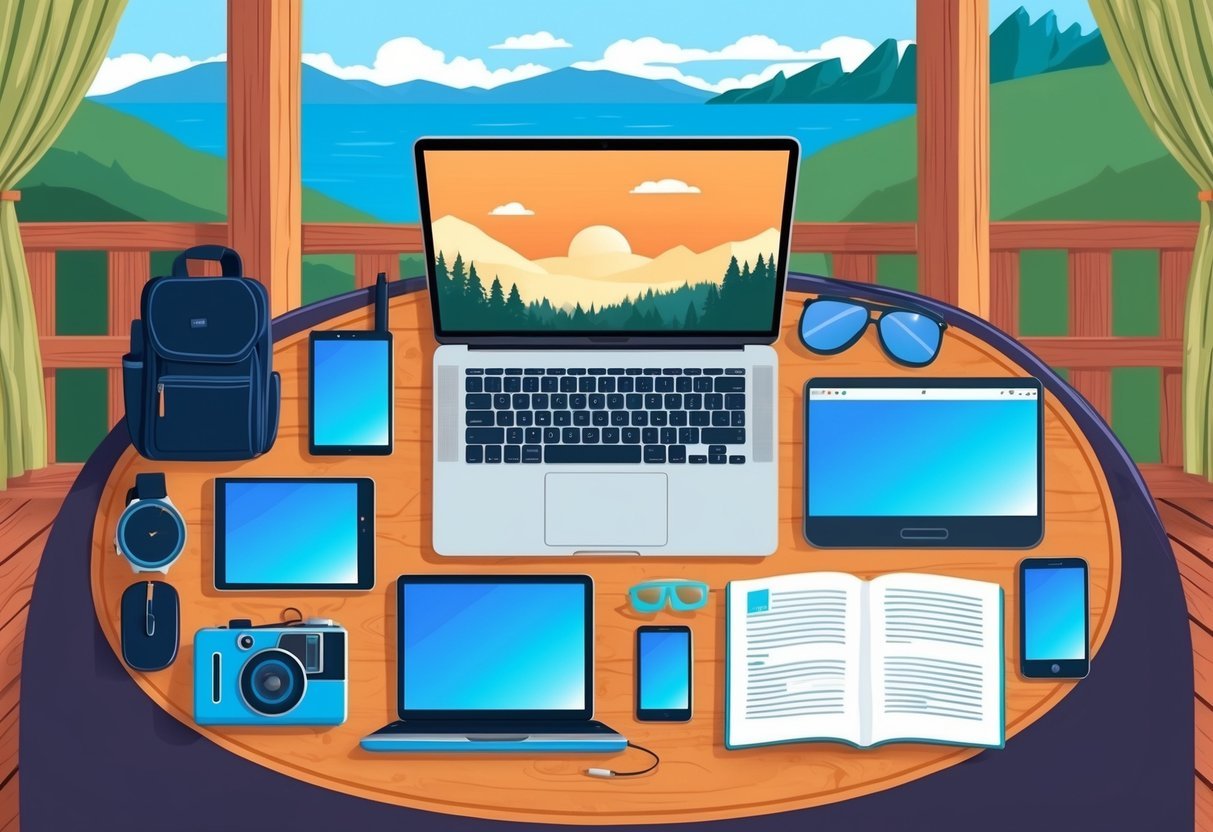 A laptop surrounded by various digital devices and travel essentials on a table with a scenic outdoor backdrop