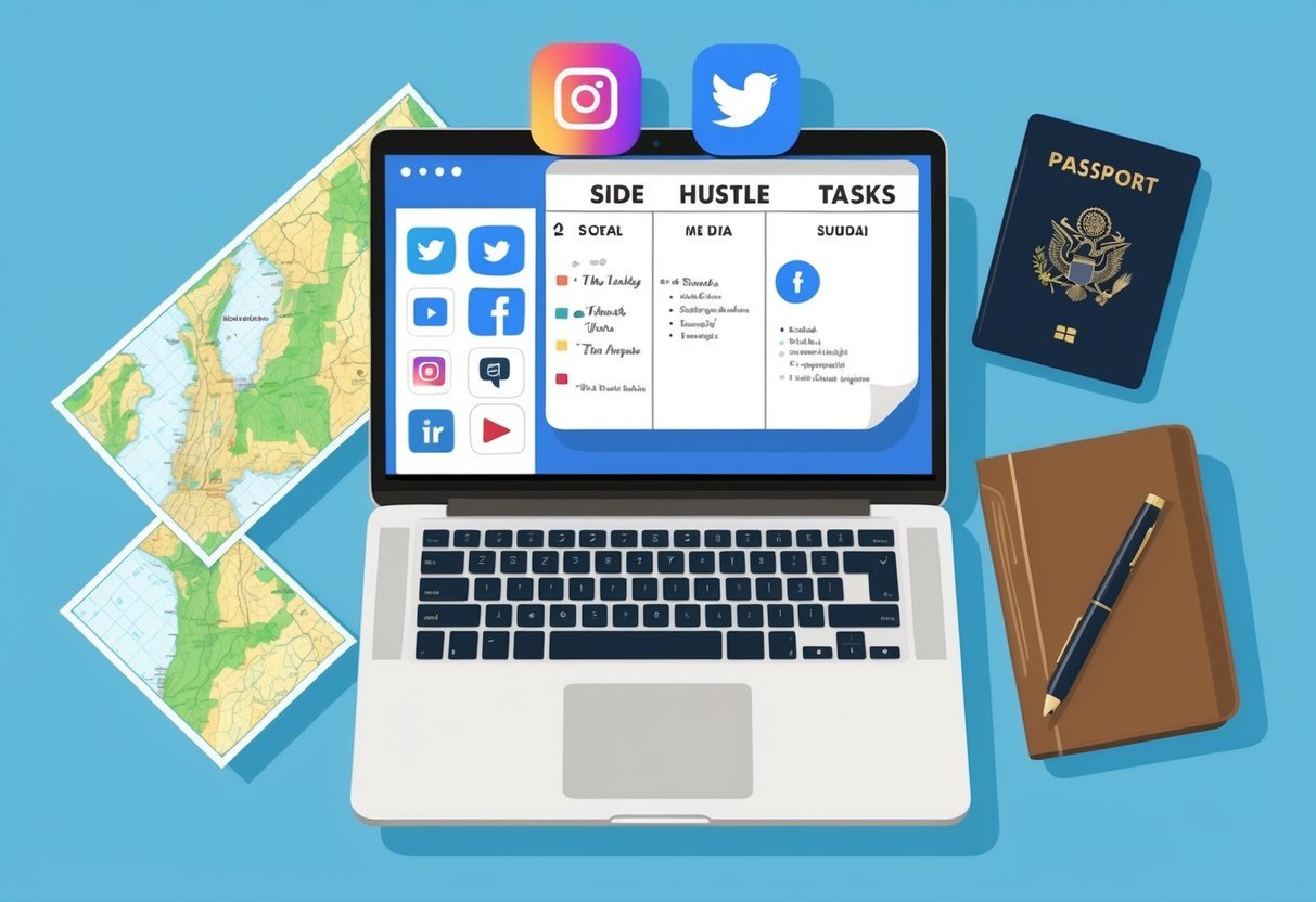 A laptop surrounded by travel essentials, with a map and passport nearby.</p><p>Social media icons and a calendar with "side hustle" tasks are displayed on the screen