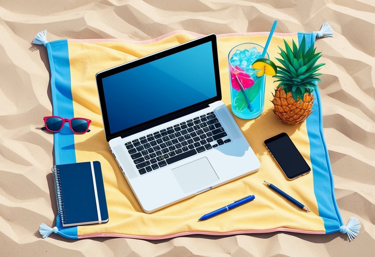 A laptop on a beach towel with a tropical drink and sunglasses, surrounded by a notebook, pen, and smartphone