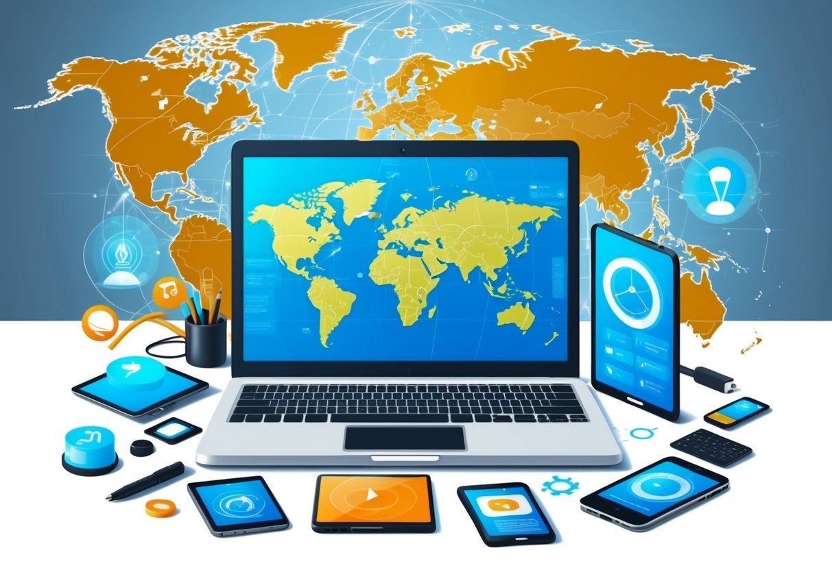 A laptop surrounded by various digital devices and tools, with a world map in the background, symbolizing the global reach of a strong online presence