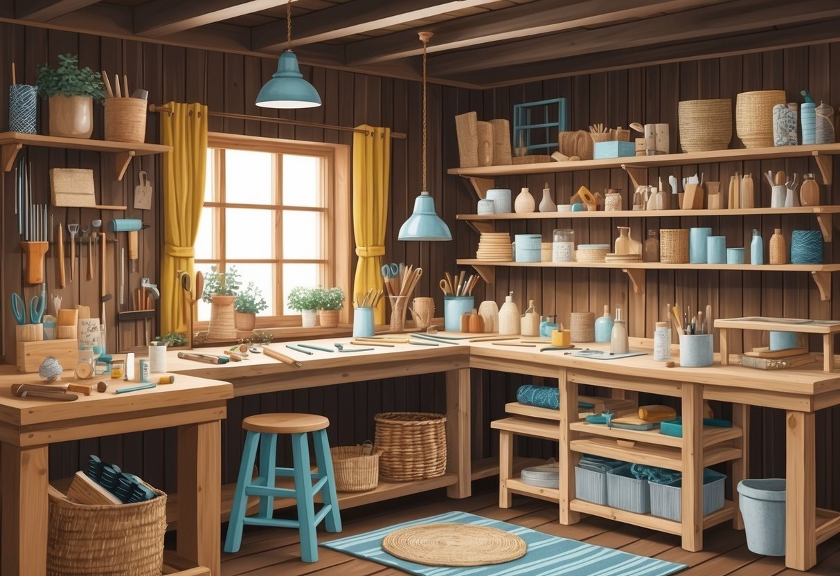 A cozy wooden workshop filled with crafting tools and materials, featuring handmade home decor items displayed on shelves and tables