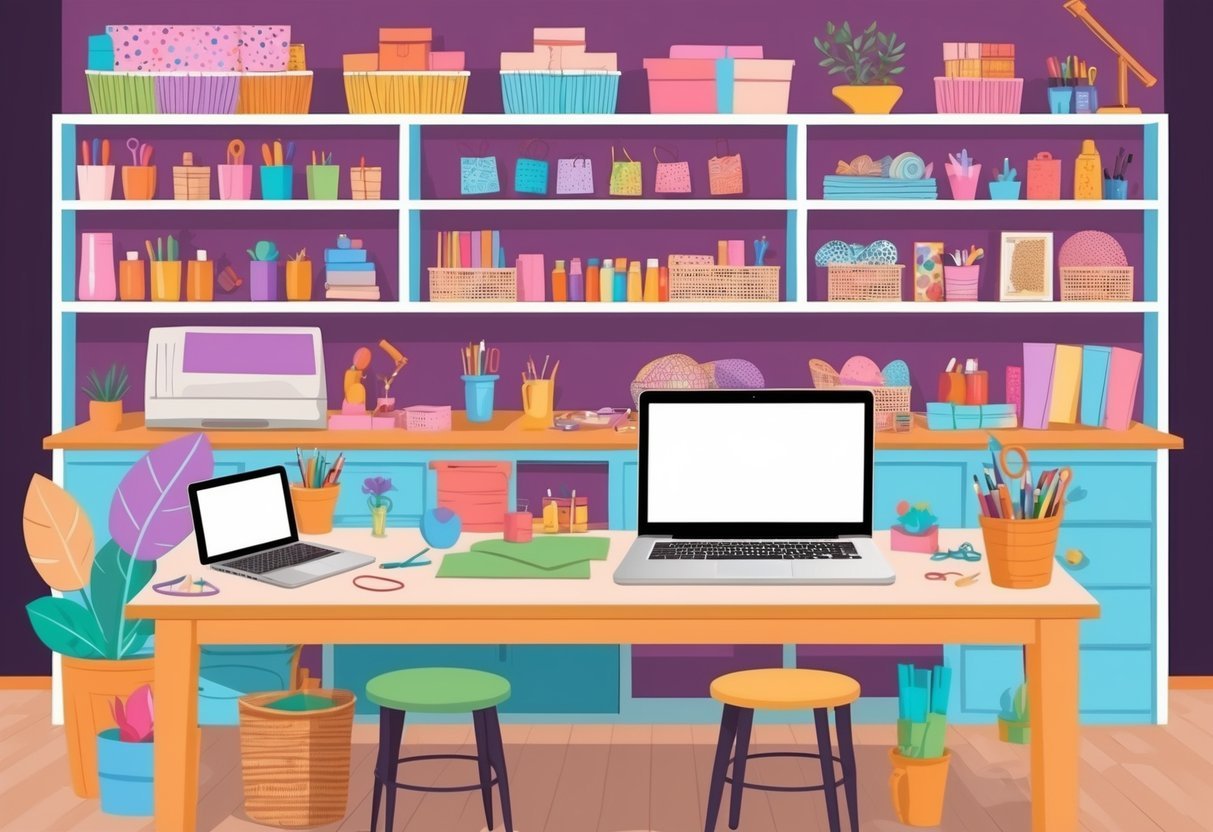 A cozy craft room with shelves of handmade items, a worktable with colorful supplies, and a laptop for online sales and marketing