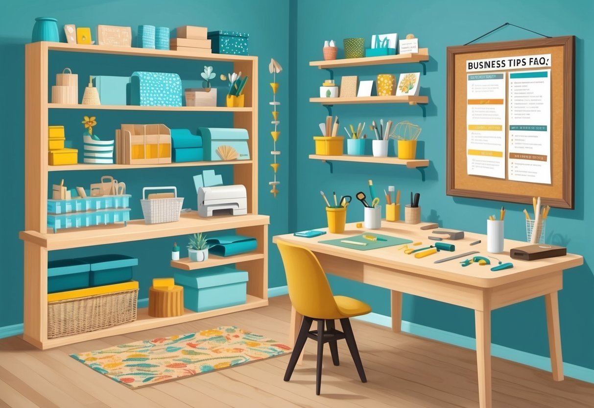 A cozy craft room with shelves of handmade items, a work table with tools, and a bulletin board with business tips and FAQs