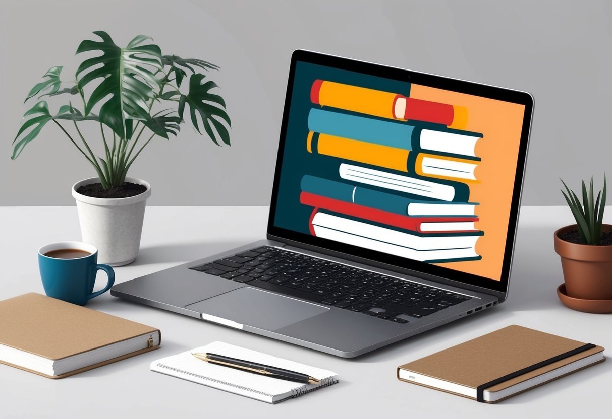 A laptop with a stack of books and a cup of coffee, surrounded by a plant and a notebook with a pen