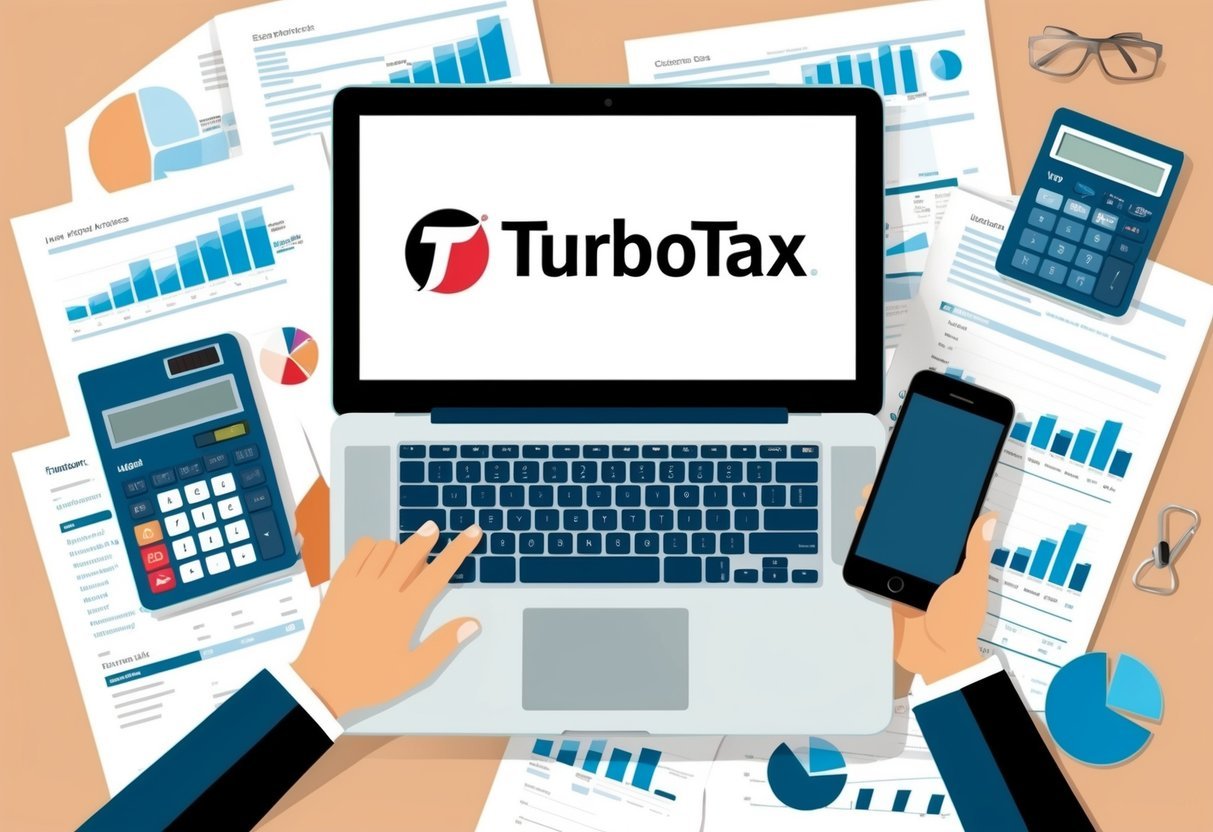 A laptop and smartphone surrounded by financial documents, charts, and a calculator.</p><p>The TurboTax logo is displayed prominently on the screen