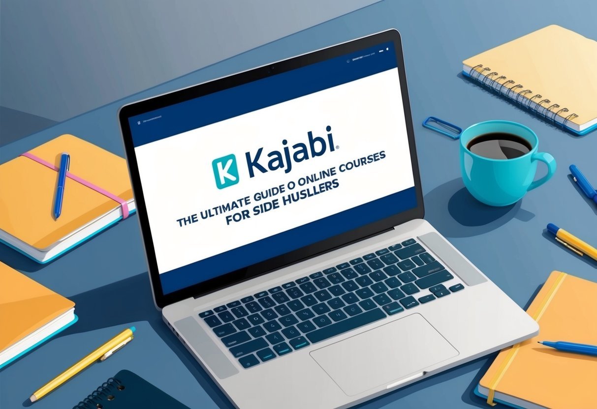 A laptop with a sleek design sits on a desk, surrounded by notebooks, pens, and a cup of coffee.</p><p>The screen displays the Kajabi logo and the words "The Ultimate Guide to Online Courses for Side Hustlers."