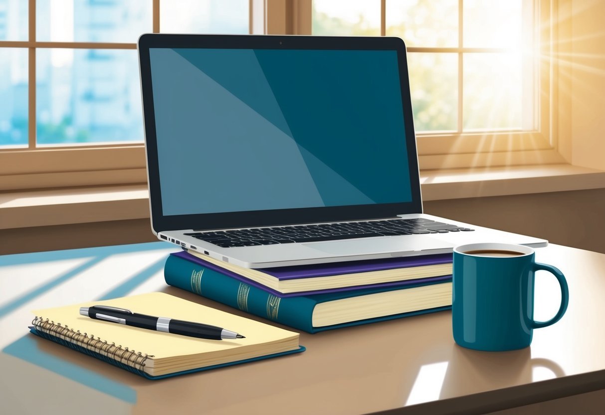 A laptop with a stack of books, a coffee mug, and a notepad with a pen on a desk by a window with sunlight streaming in