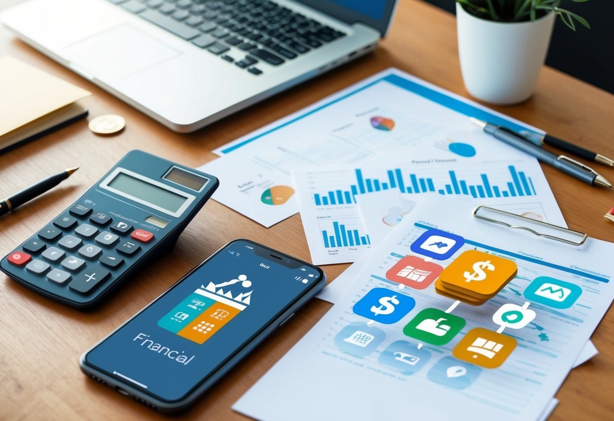 A desk with a laptop, calculator, and various financial documents scattered around.</p><p>A smartphone displaying different financial app icons