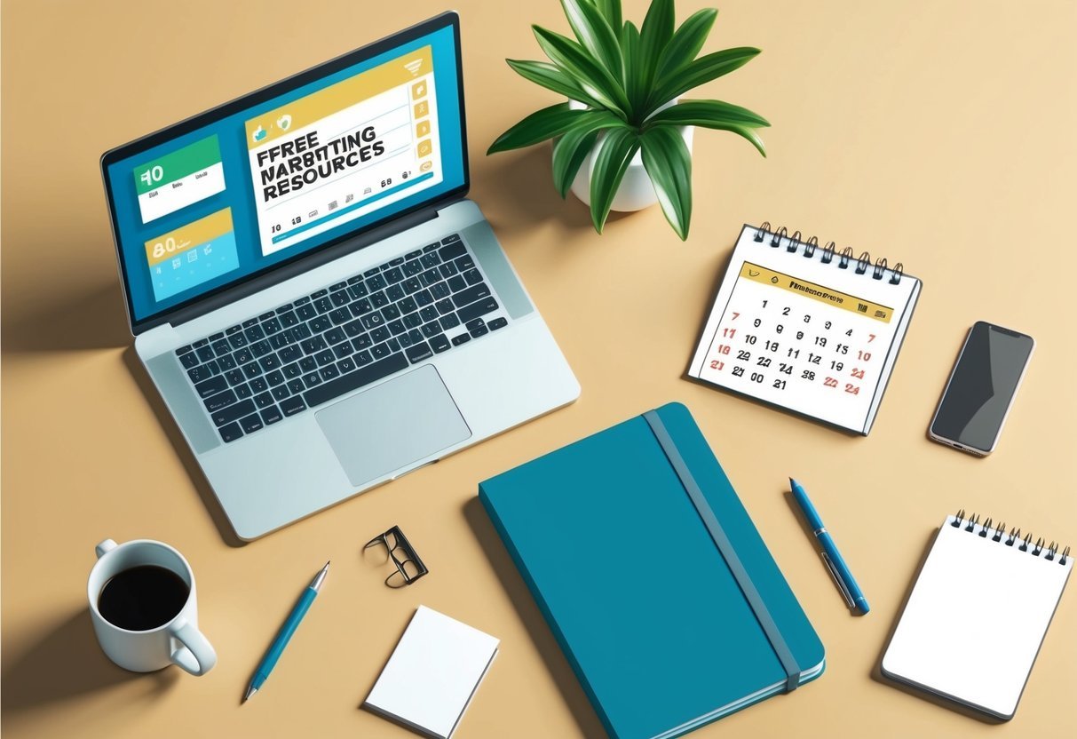 A desk with a laptop, notebook, and pen.</p><p>A plant and coffee mug sit nearby.</p><p>A phone with notifications and a calendar show "10 Free Marketing Resources"